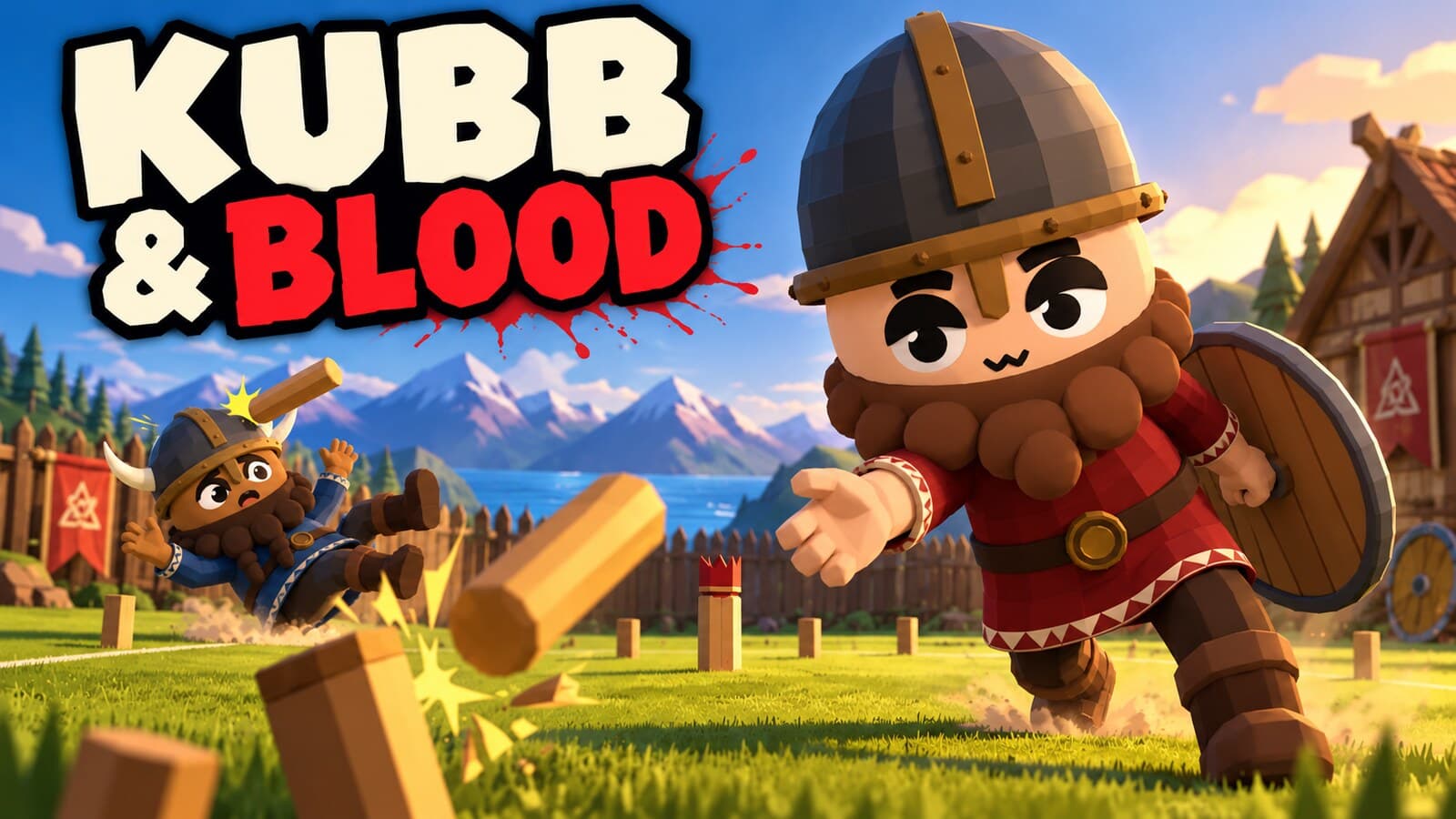 Kubb & Blood: a bearded Viking's baton sends another Viking flying across the kubb yard