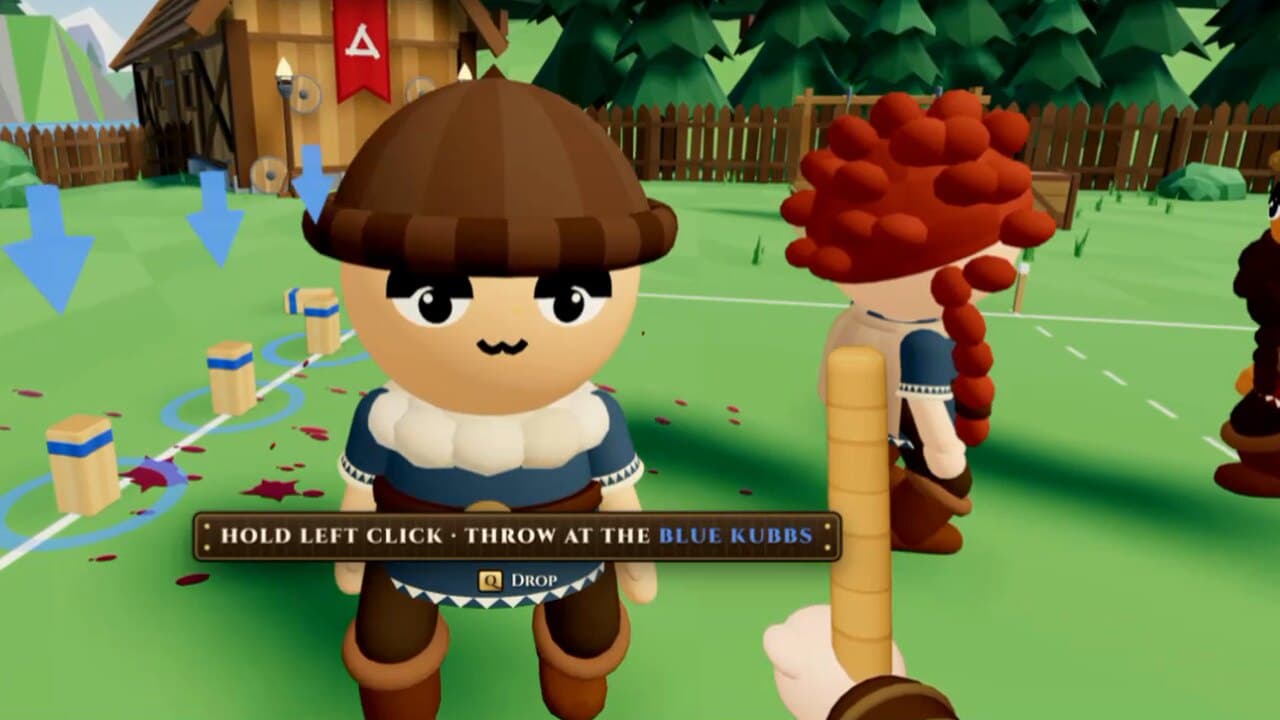 Two Vikings up close, a baton raised in the player's hand