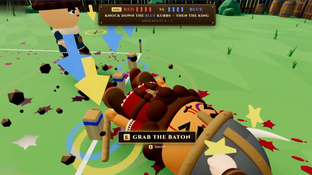 A horned Viking knocked flat with stars over his head