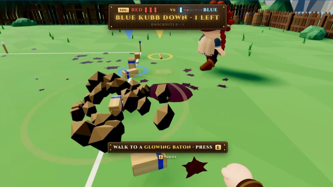 A blue kubb bursting apart after a hit